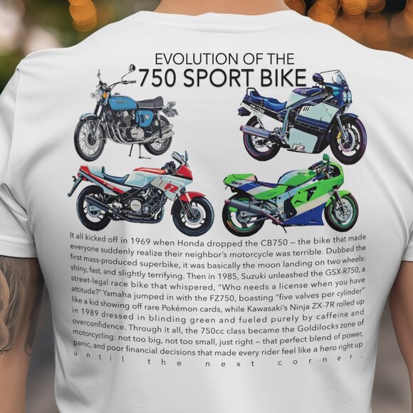 750 Sportbike Evolution Tee: Yamaha, Suzuki, Kawasaki, Honda GSXR, CBR, ZX - Picture 1 of 3